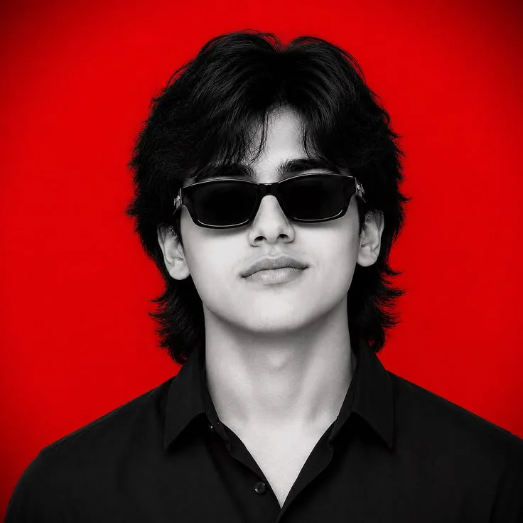 Monochrome Male Portrait with Retro Sunglasses on Vivid Red Backdrop