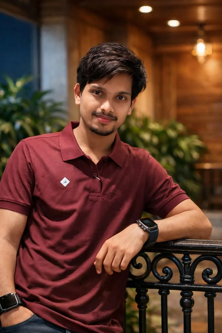 Candid Handsome Young Man in Maroon Polo Shirt Leaning on Wrought-Iron Balcony