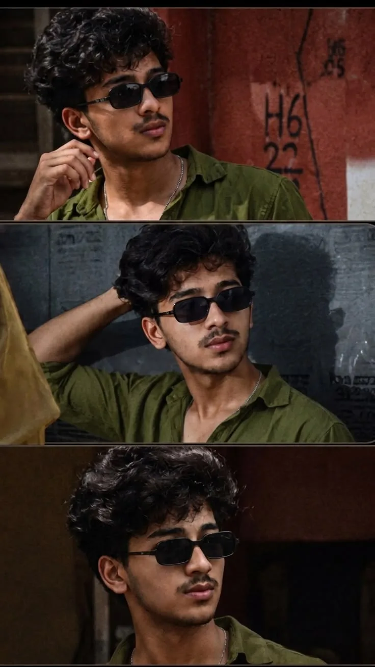 Candid Young Man in Olive Green Shirt and Sunglasses Triptych Film Strip