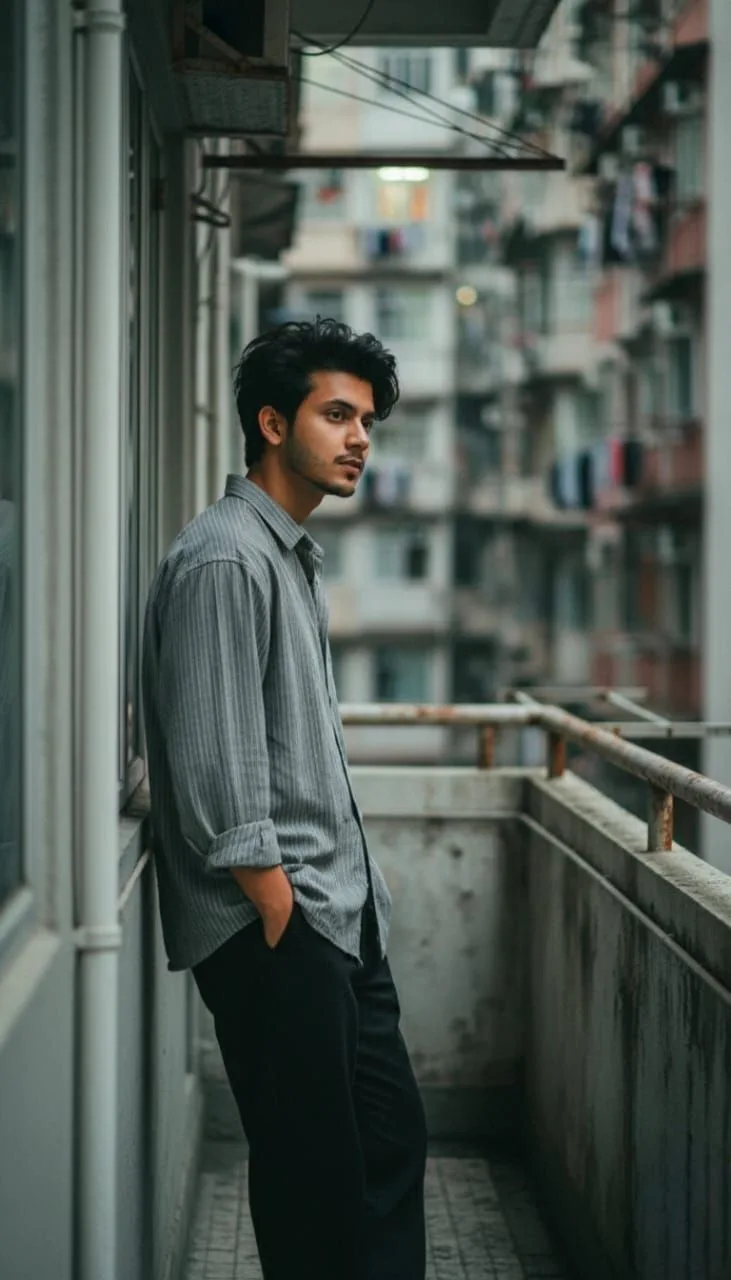 Candid Young Man in Striped Shirt Leaning on Urban Apartment Balcony
