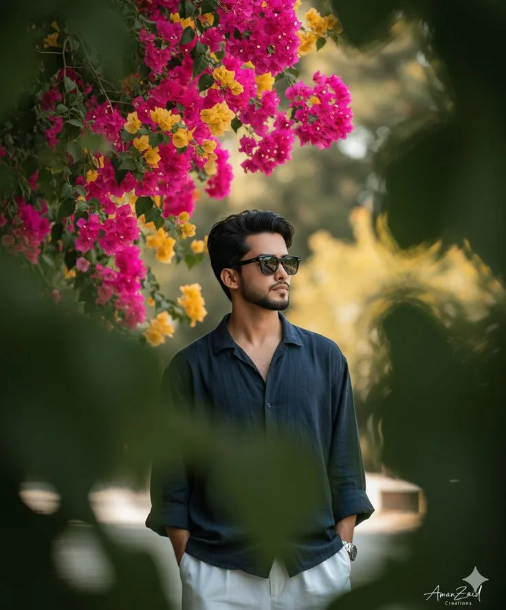 Candid Young Man in Navy Camp Shirt Framed by Bougainvillea Flowers