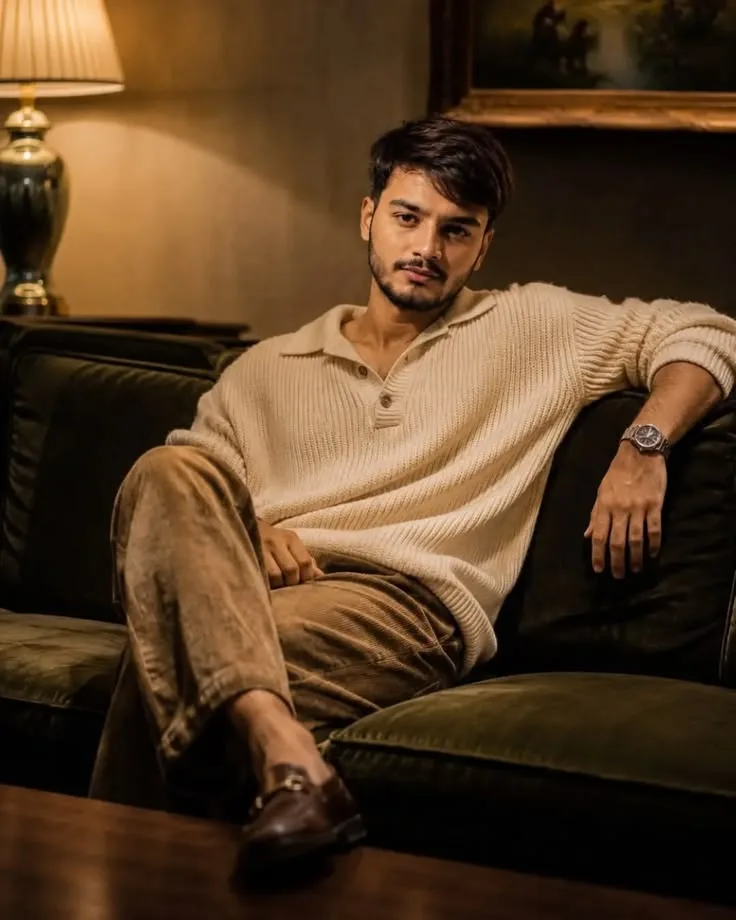 Candid Young Man in Cream Ribbed Polo Sweater Relaxing on Olive Velvet Sofa