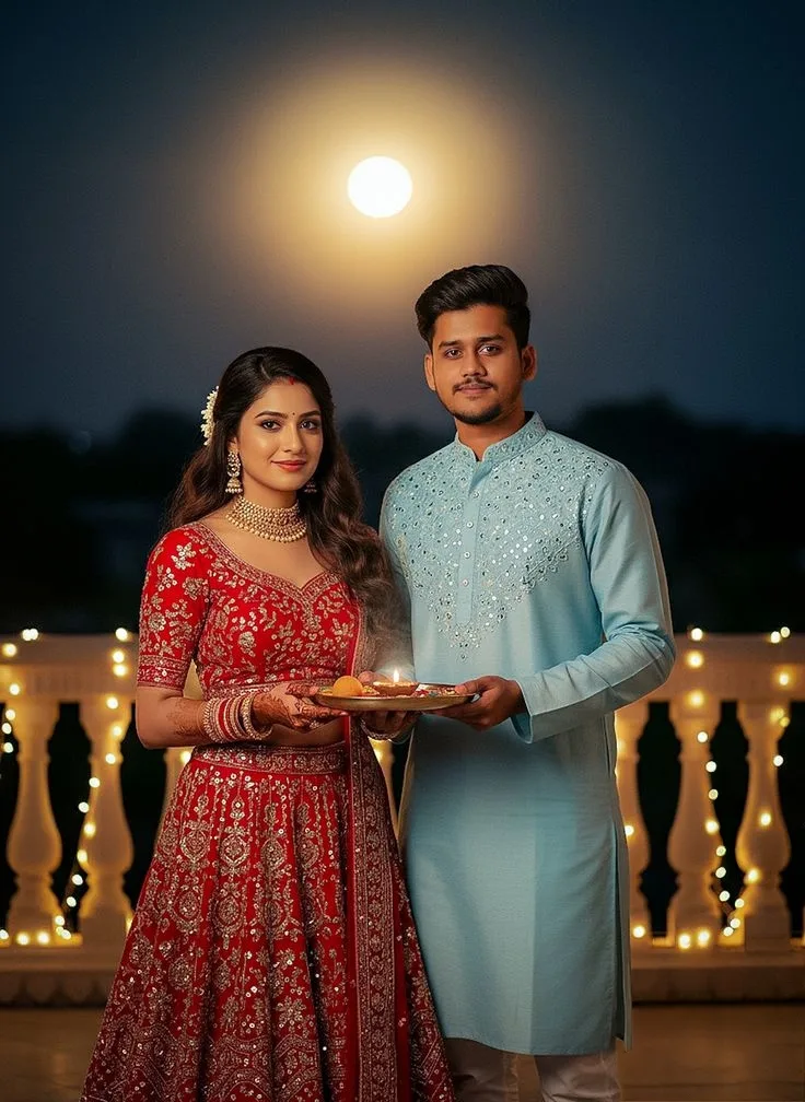 Karwa Chauth Devotional Night Portrait of Couple Holding Puja Thali Under Full Moon