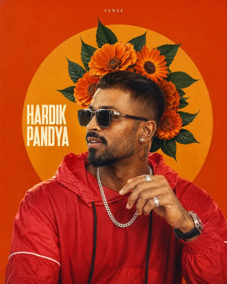 Hardik Pandya Floral Poster Art Portrait in Red Windbreaker