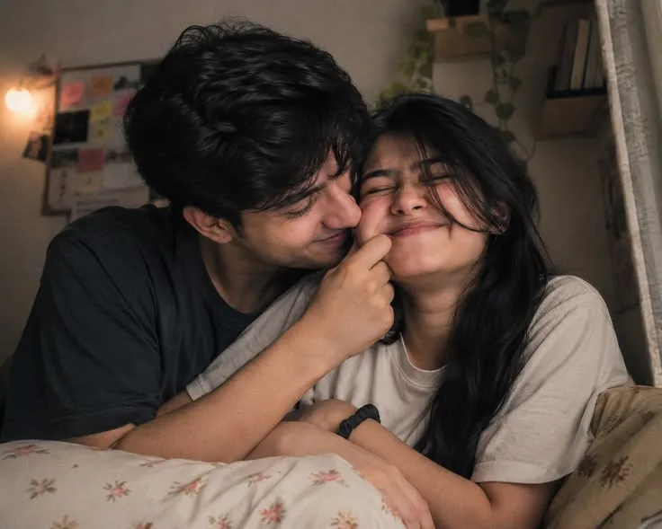 Candid Cozy Indoor Close-Up Portrait of Young Indian Couple in Bed