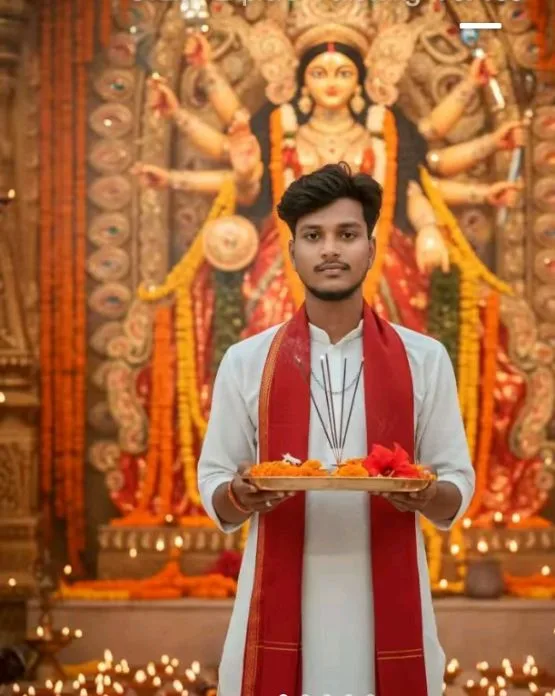 Devotional Navratri Portrait of Young Devotee Holding Puja Thali Before Maa Durga Idol