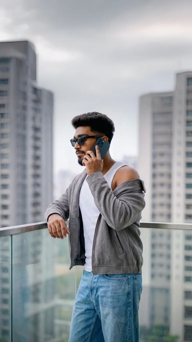 Candid High-Rise Balcony Portrait of Young Man on Phone in Suede Jacket and Jeans