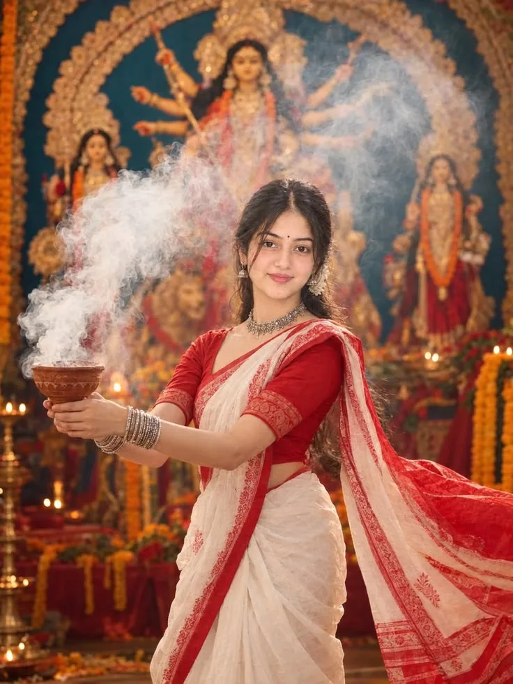 Devotional Bengali Durga Puja Dhunuchi Aarti Portrait of Young Woman Before Maa Durga Idol
