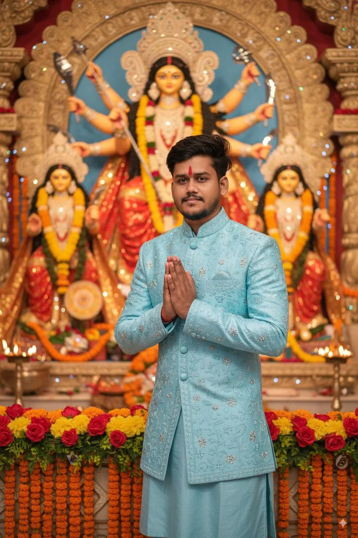 Devotional Navratri Portrait of Young Man in Light Blue Sherwani in Namaste Pose Before Maa Durga Idol
