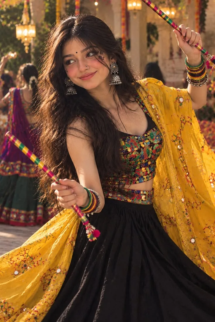 Festive Navratri Garba Portrait of Young Woman Dancing with Dandiya Sticks in Black and Yellow Chaniya Choli