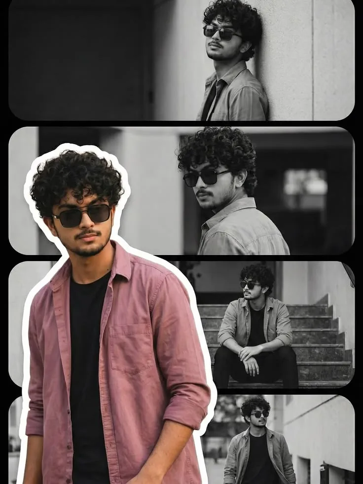 Candid Young Man in Pink Overshirt Photo Strip Collage with Sunglasses