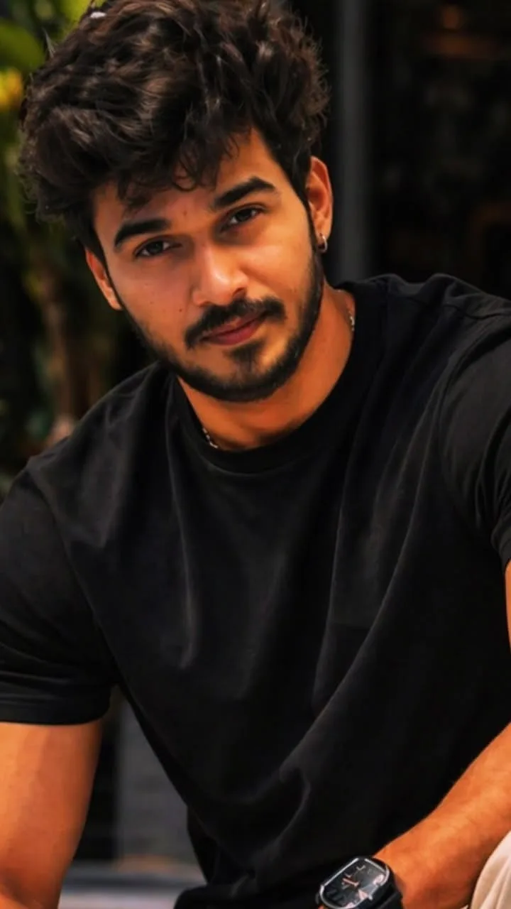 Candid Handsome Young Man in Black T-Shirt with Textured Curly Quiff Looking at Camera