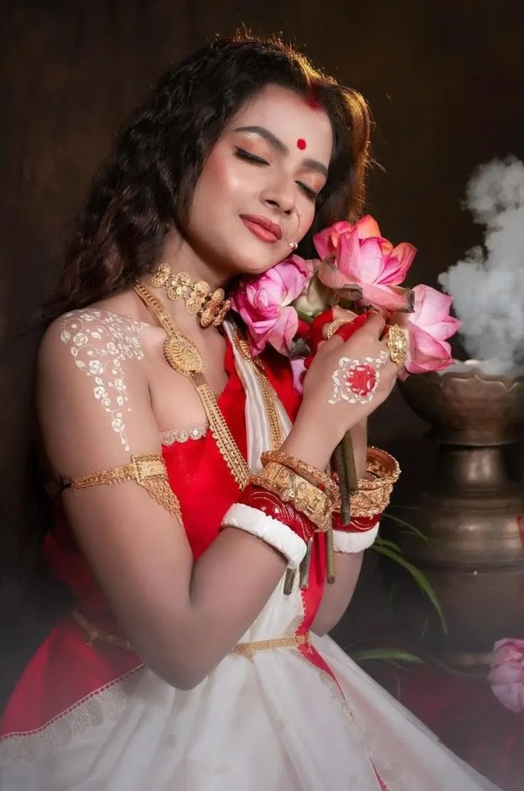 Devotional Bengali Durga Puja Portrait of Young Woman with Lotuses and White Chandan Body Art