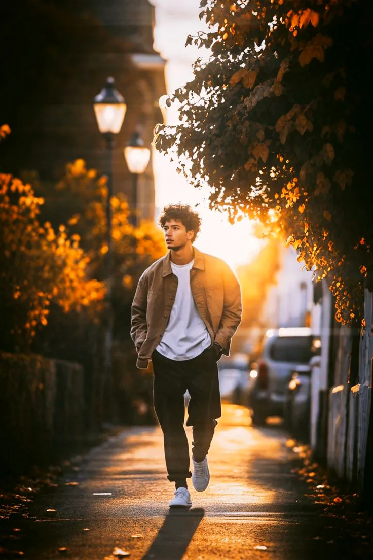 Candid Young Man Walking on Tree-Lined Autumn Street at Golden Hour