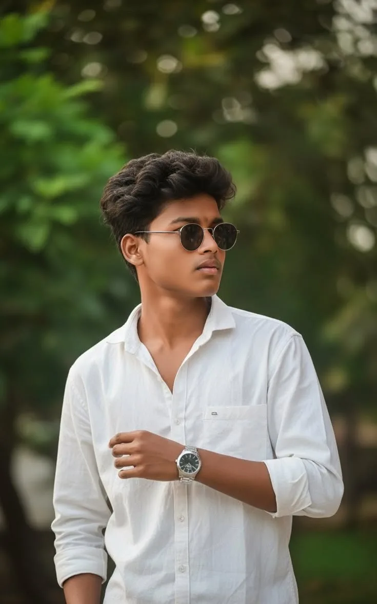 Candid Young Man in White Linen Shirt and Round Sunglasses Touching Wristwatch in Park