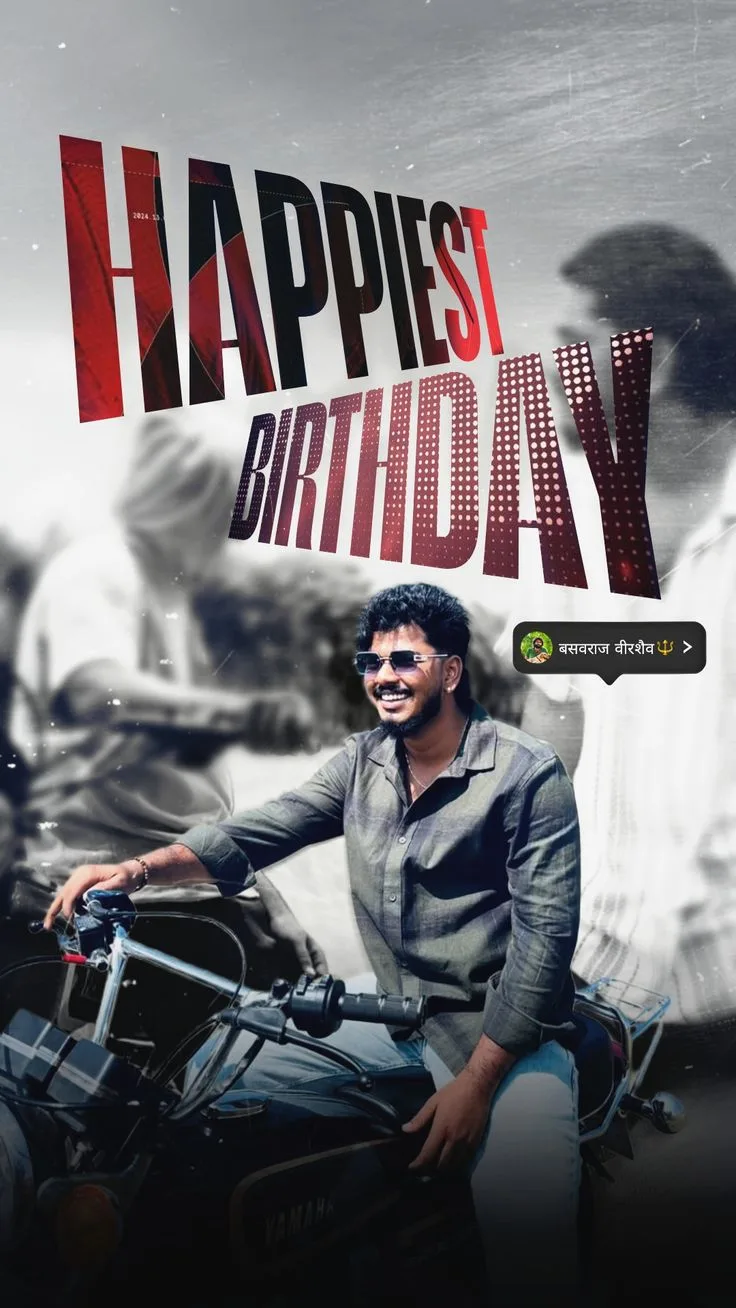 Creative Birthday Poster Portrait of Smiling Indian Man on Classic Motorcycle