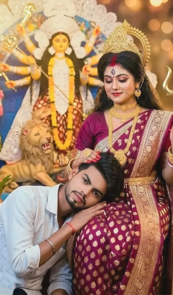 Devotional Navratri Portrait of Young Man Resting Head on Goddess Durga Incarnation's Lap