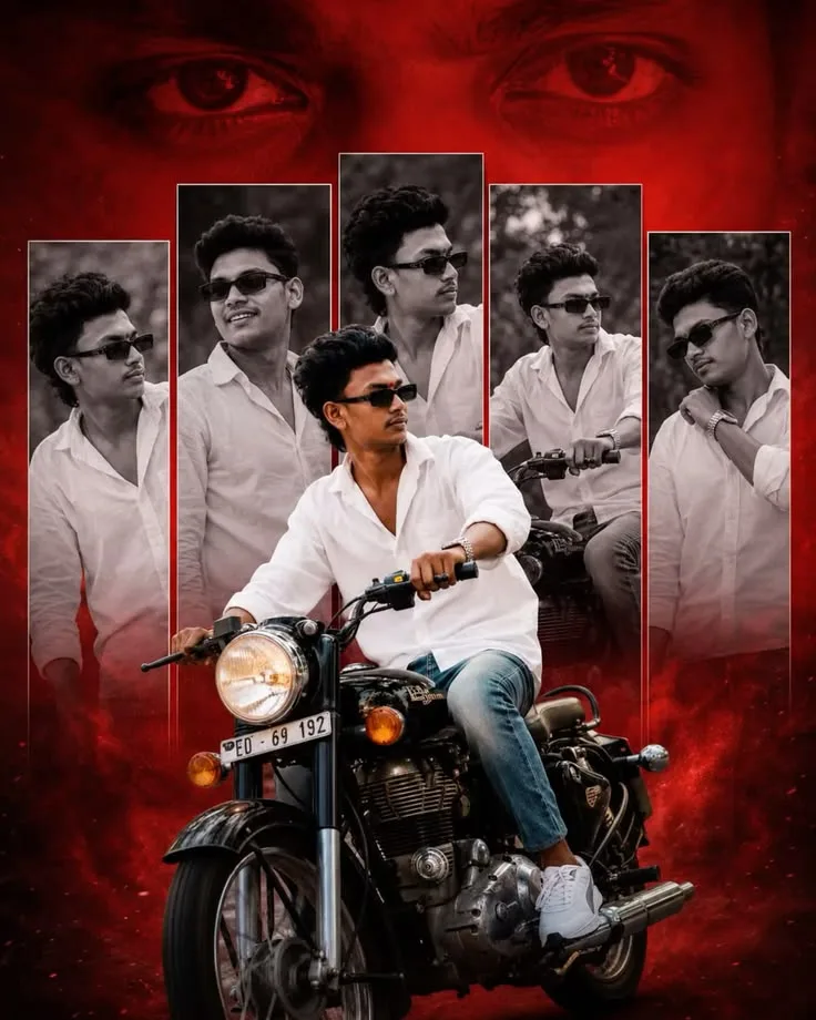 Dramatic Cinematic Poster of Young Man on Vintage Royal Enfield Motorcycle with Red Smoke Backdrop
