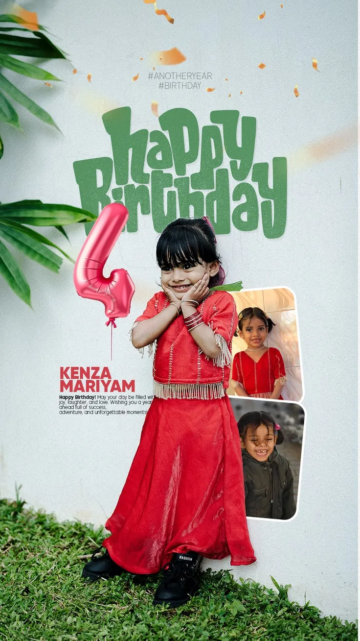 Festive 4th Birthday Graphic Poster of Young Girl in Red Ethnic Dress