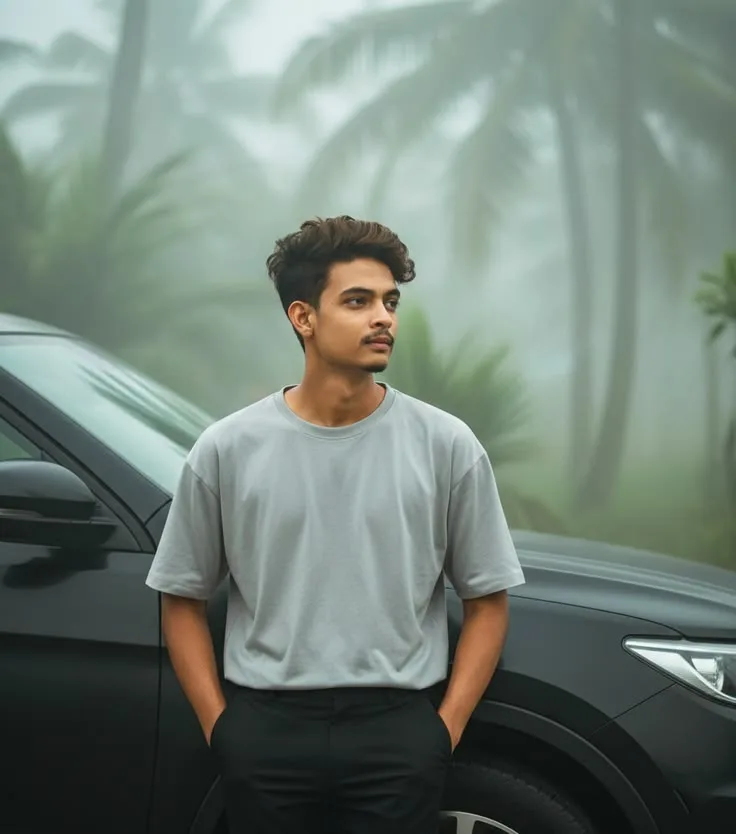 Candid Young Man in Oversized Grey T-Shirt Leaning on Black SUV in Misty Fog