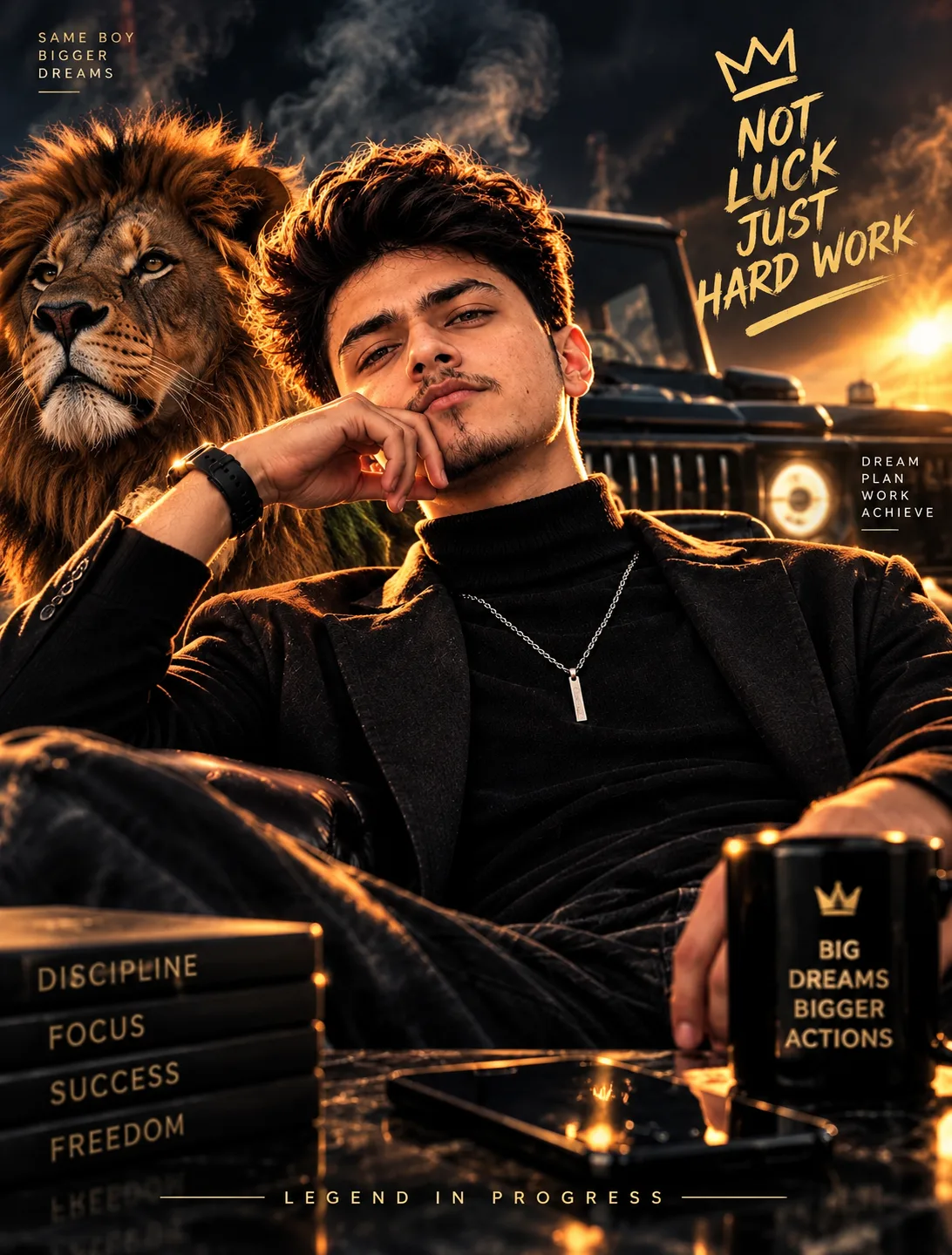 Create an ultra-realistic cinematic luxury portrait of the person from the