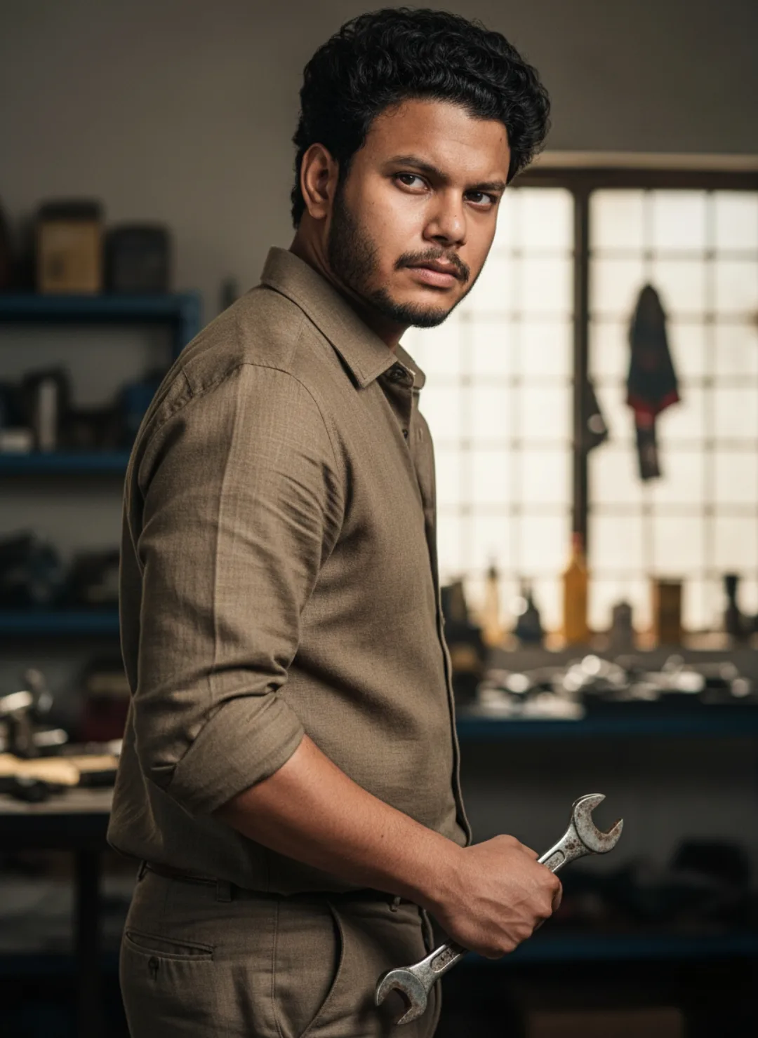 Cinematic portrait of a young man in a dim industrial workshop