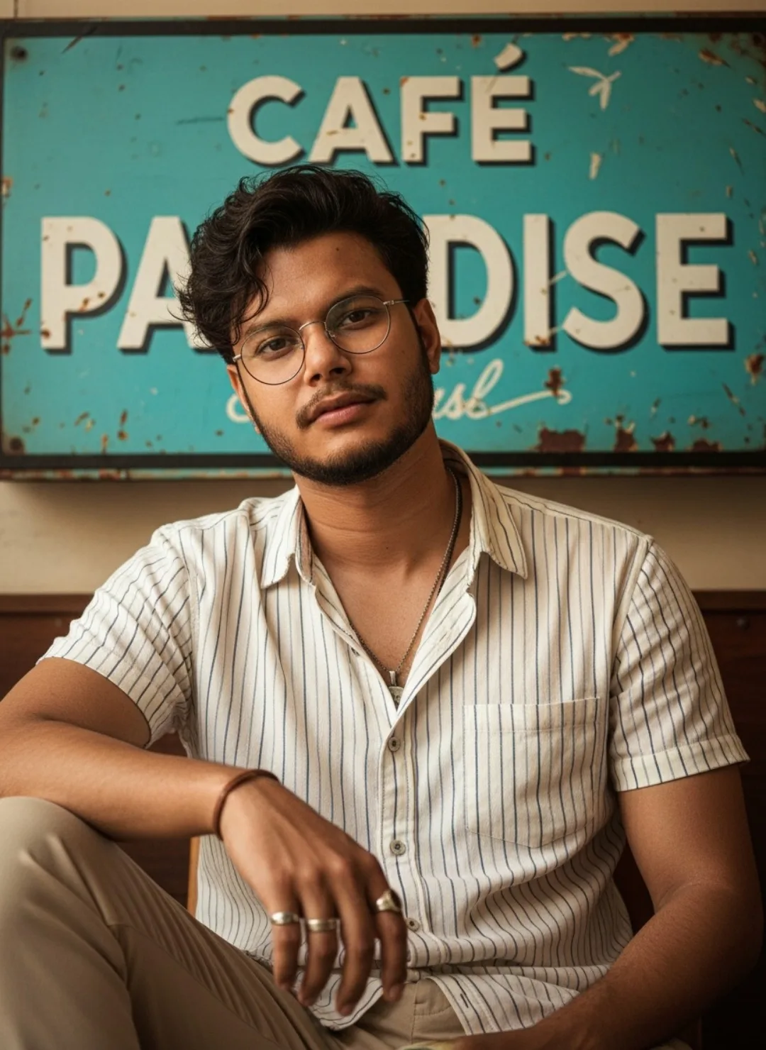 A young South Asian man with medium-dark skin tone, wavy dark