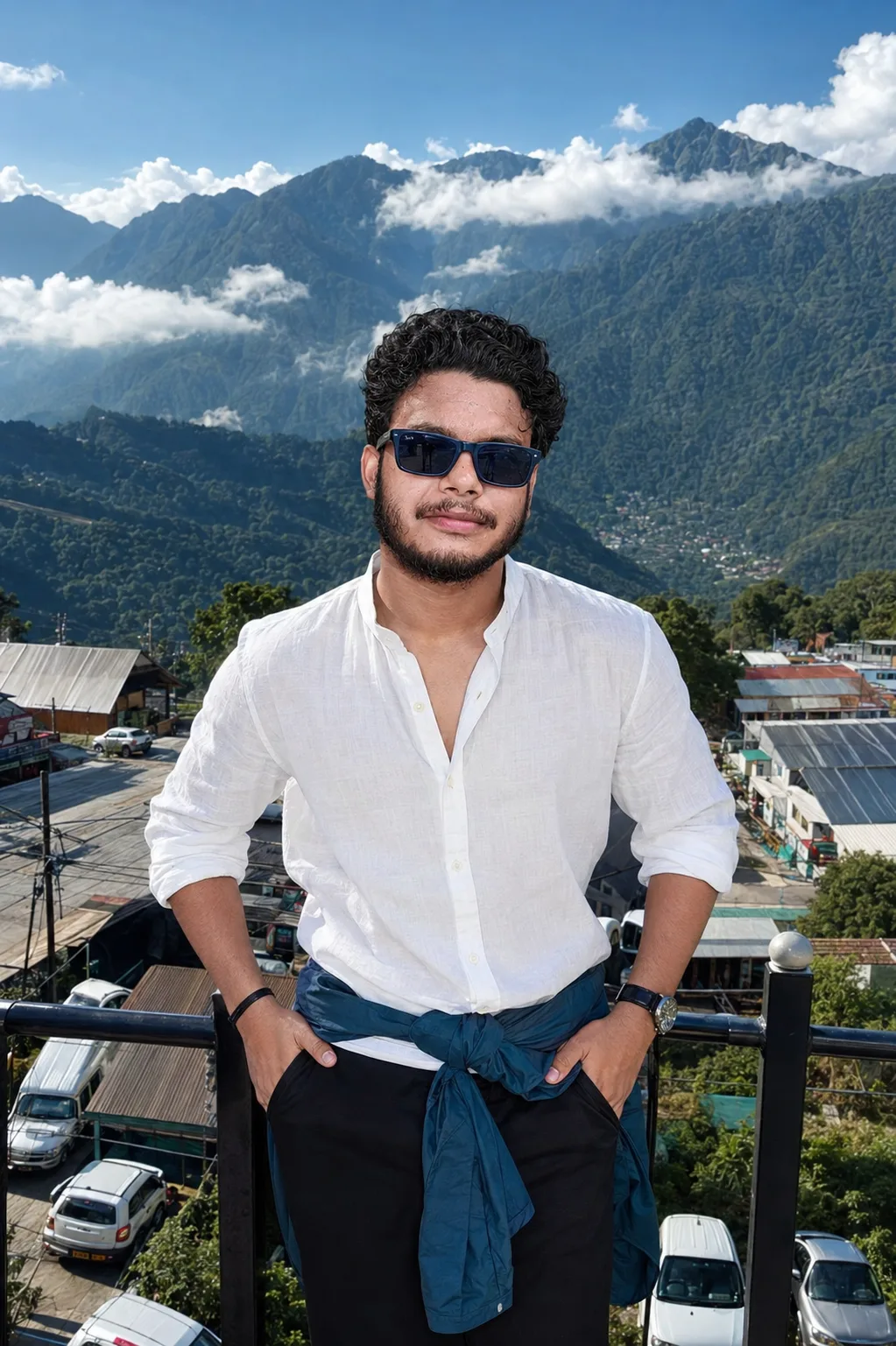 Premium cinematic outdoor fashion portrait of a stylish young male traveler