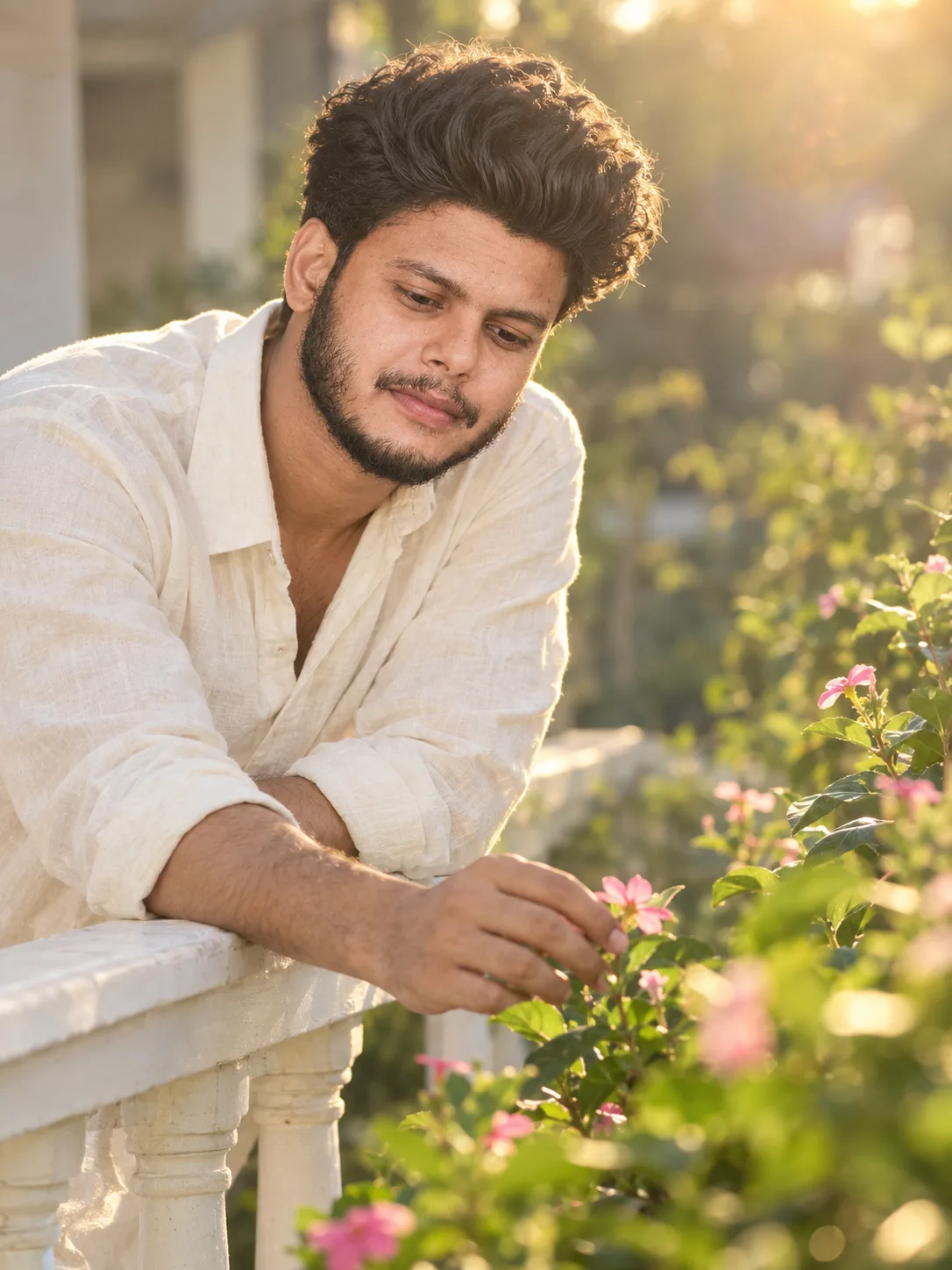 Subject & Identity: A young South Asian/Indian man leaning gently over