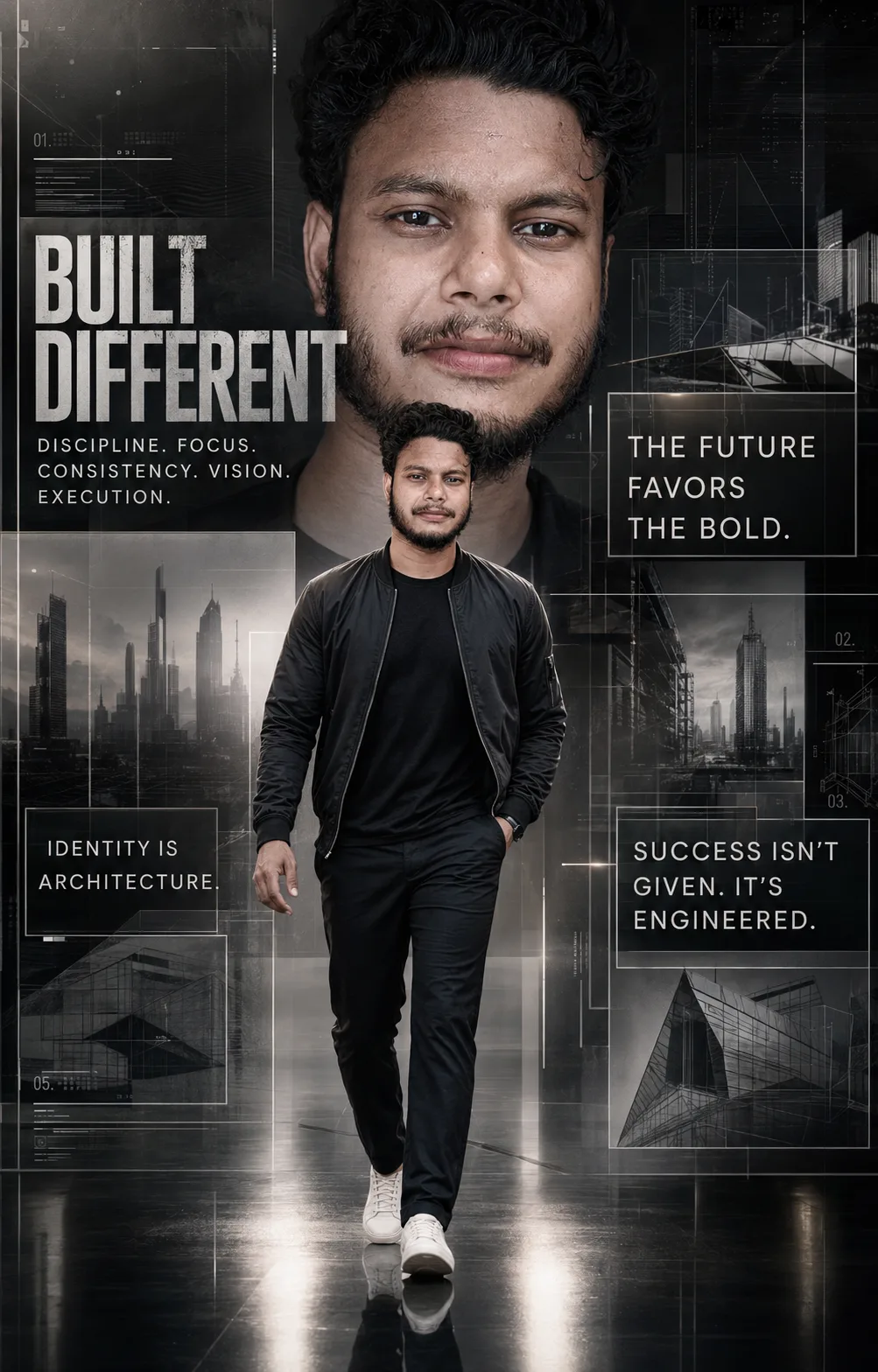 Highly realistic, premium cinematic vertical motivational poster inspired by the reference