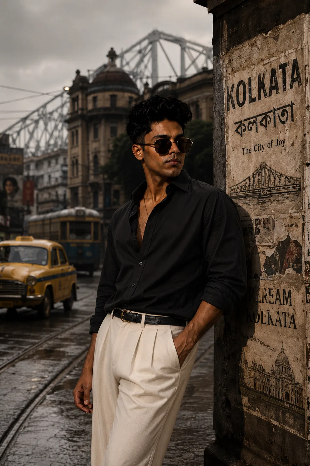 > Ultra-realistic cinematic editorial street portrait of a young South Asian