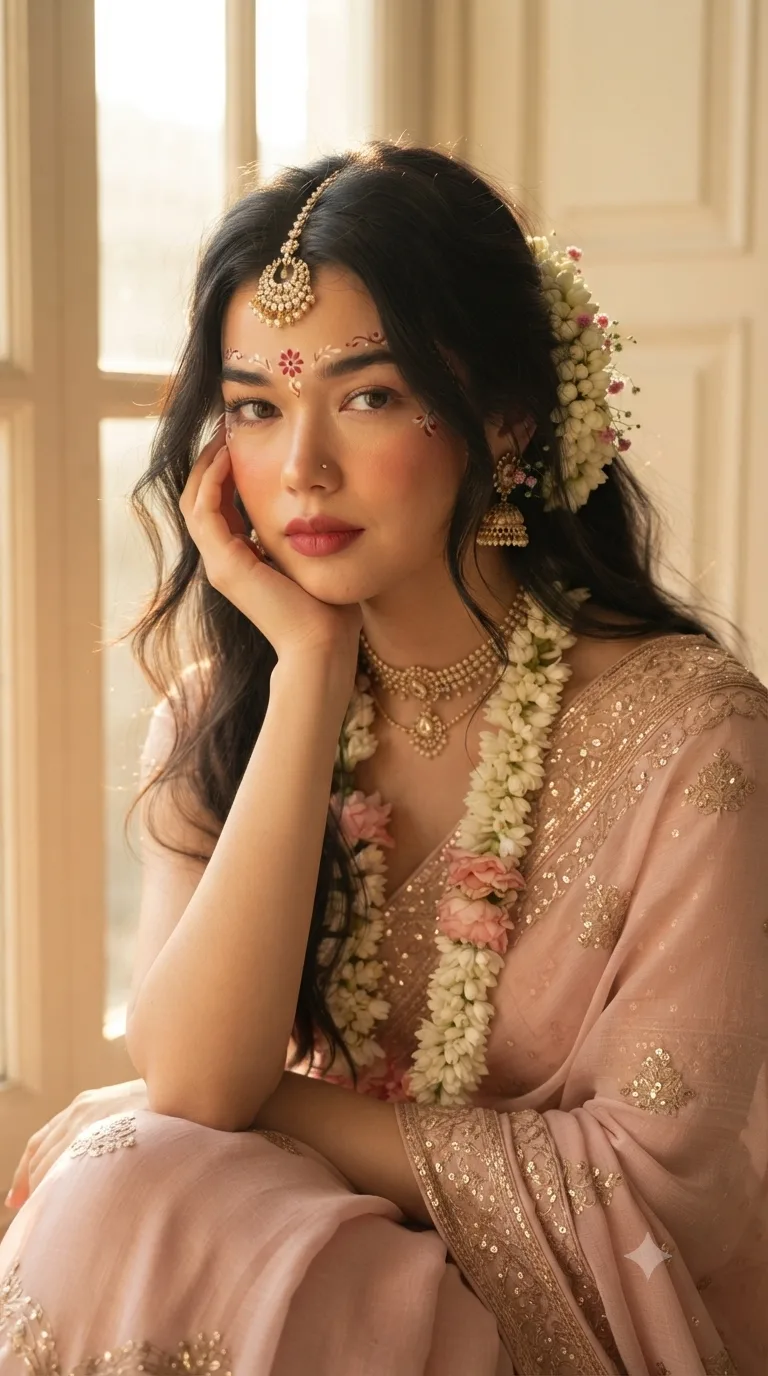 Create an ultra realistic editorial portrait of a young Indian woman