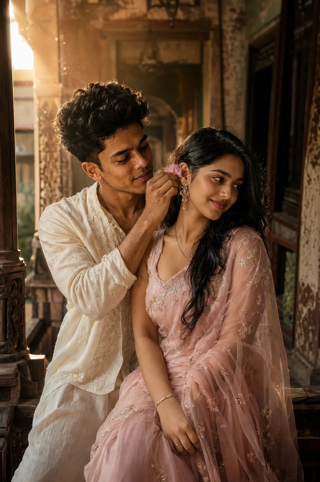 Cinematic portrait of a young South Asian couple sharing a tender