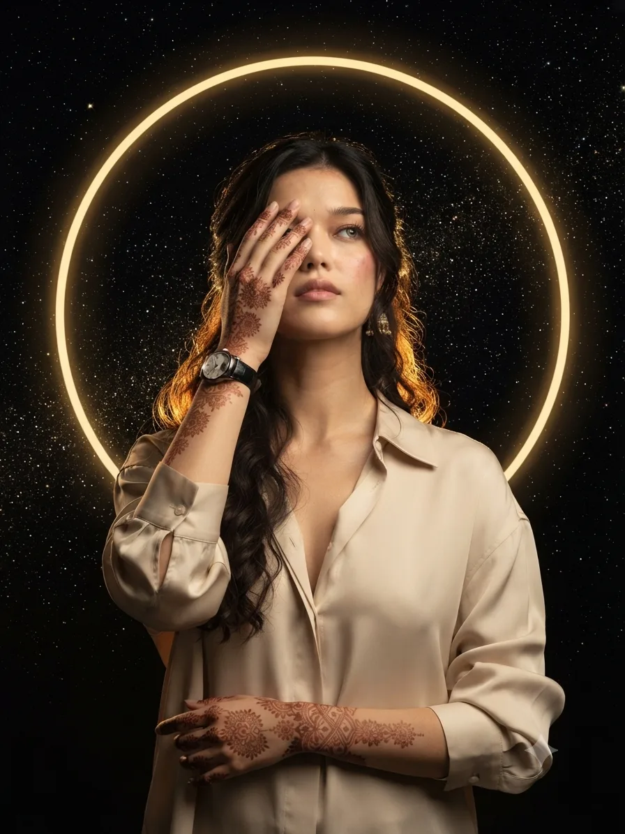 A dreamy cinematic portrait of a beautiful young woman with long