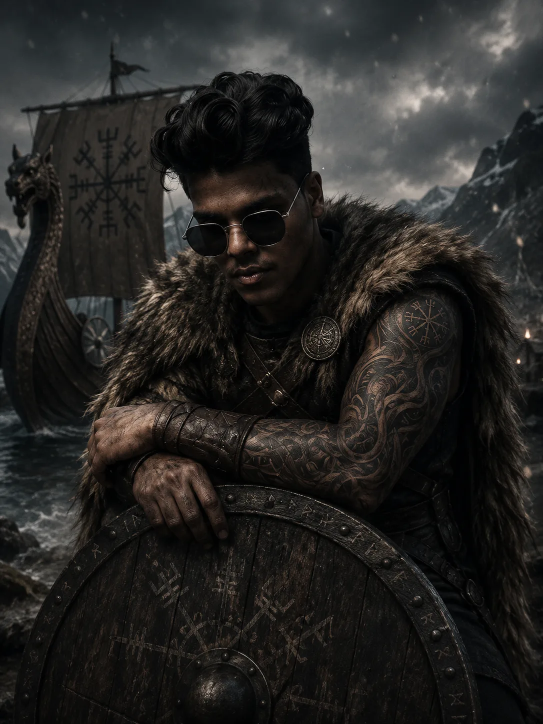 A dark cinematic fantasy portrait of a powerful young Viking warrior