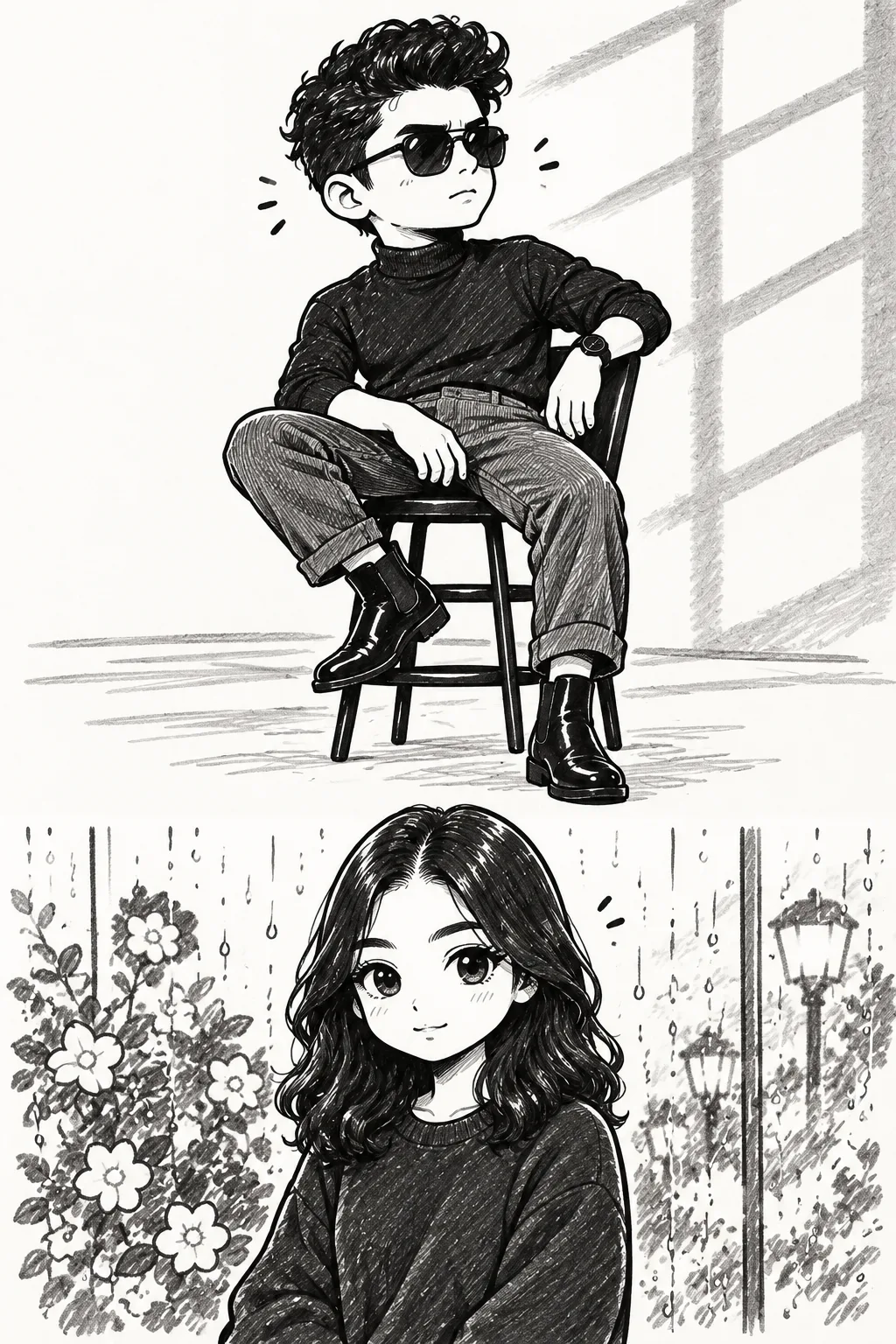 Convert the uploaded photo into a cute black-and-white hand-drawn doodle illustration