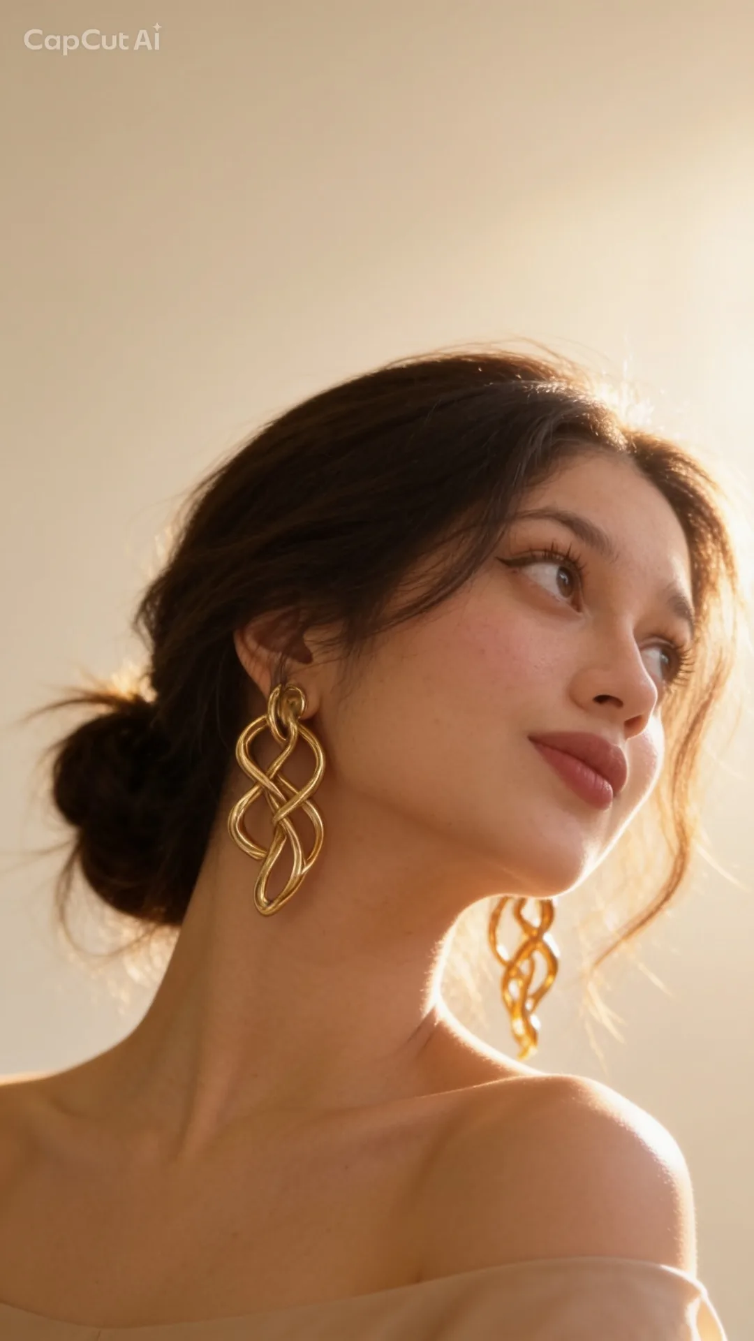 Soft Luxury Beauty Portrait with Sculptural Gold Earrings and a Messy Low Bun