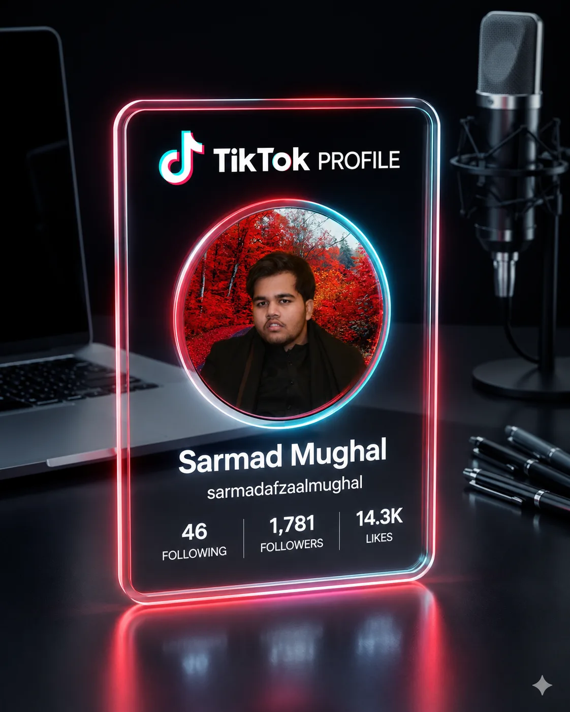 A high-end, futuristic 3D render of a transparent TikTok profile card