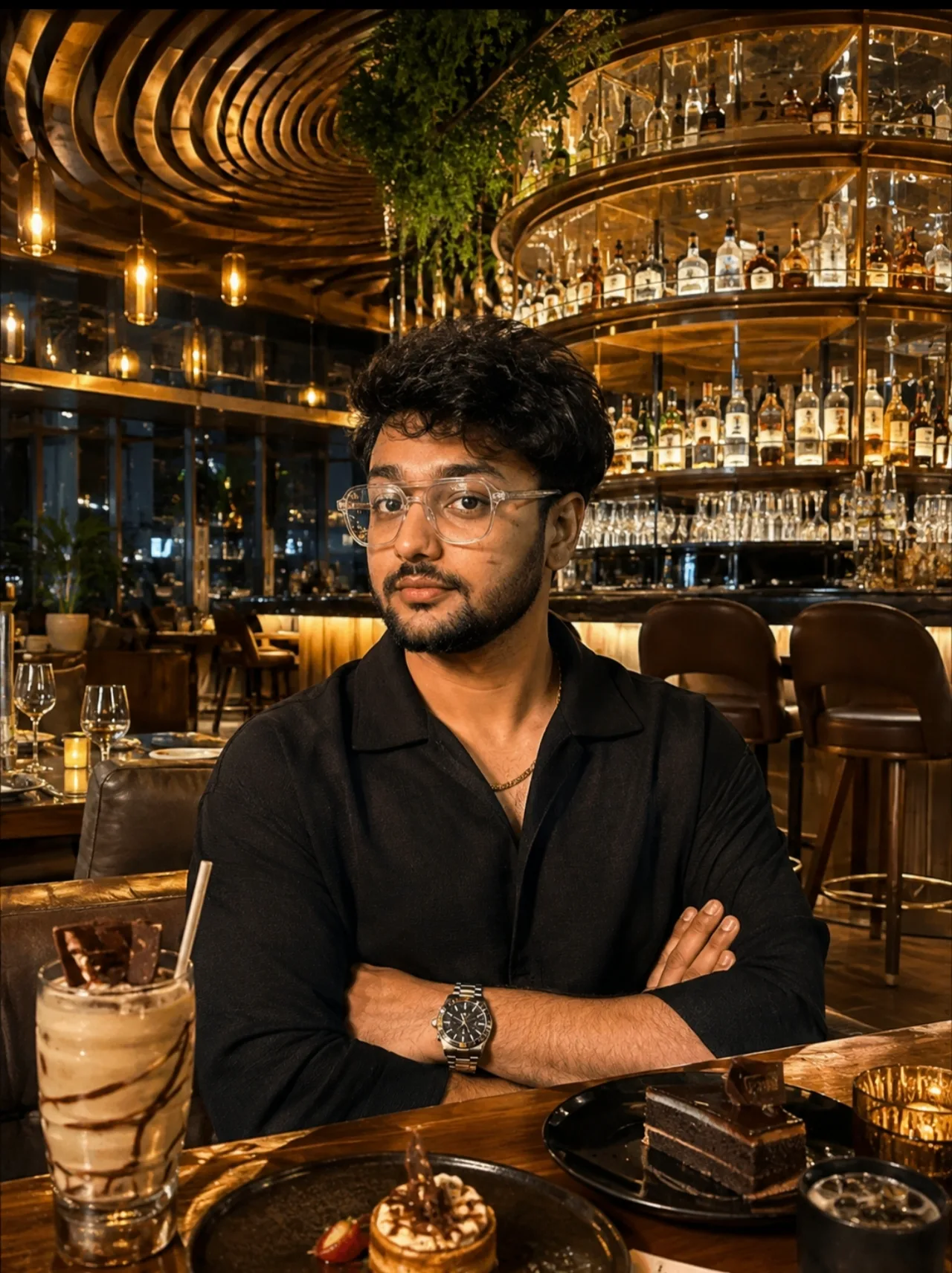 A young male fashion inside a designer restaurant