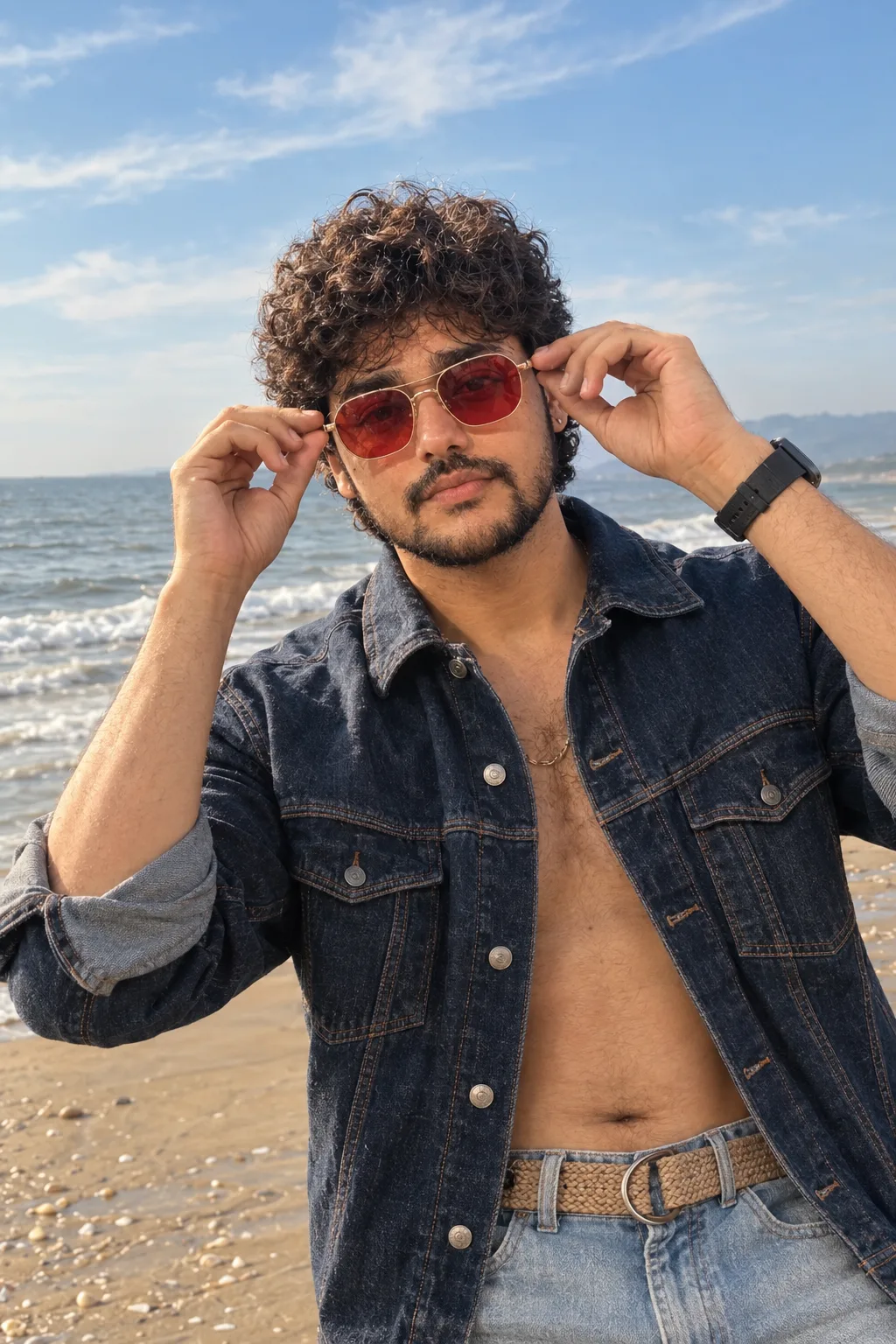 A young man stands on a wide sandy beach.