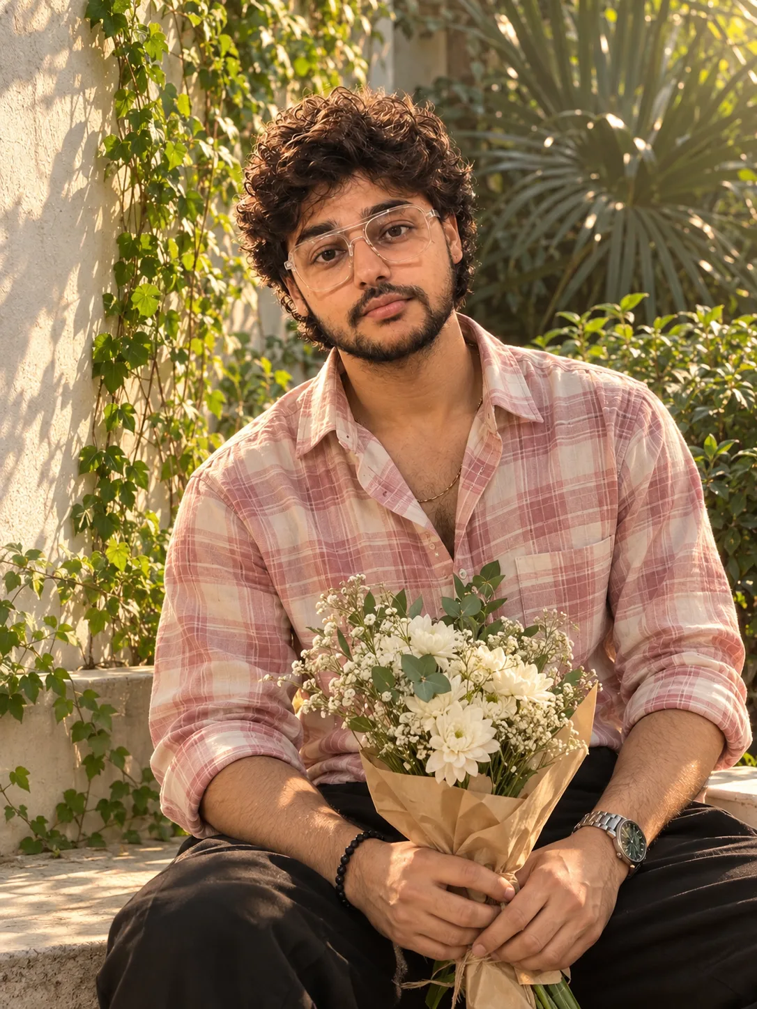 A young man sits with a small bouquet of cream-white flowers.