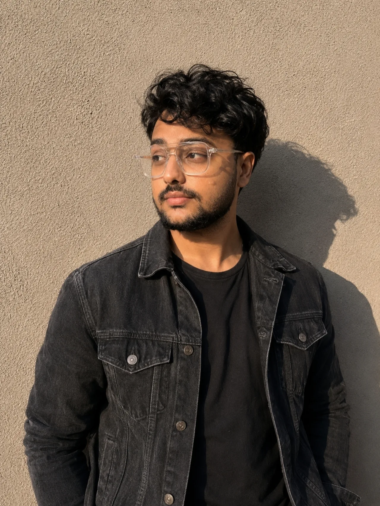 A man standing with a wall on warm light