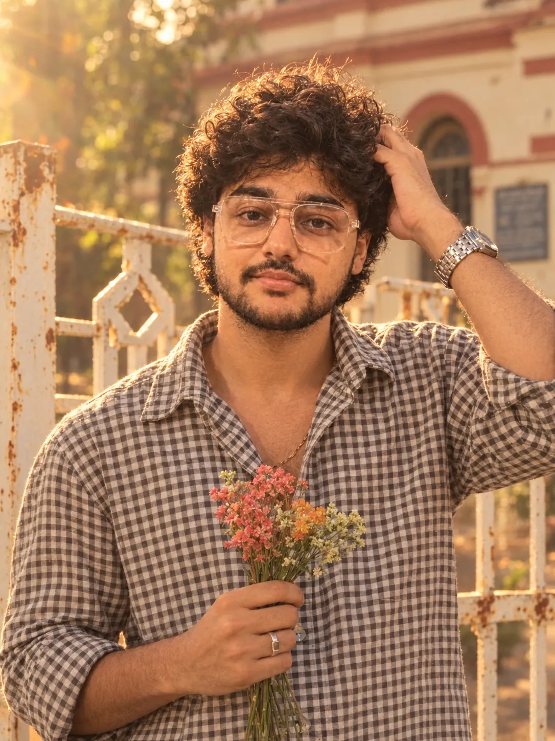 A boy holds a small bunch of delicate flowers.