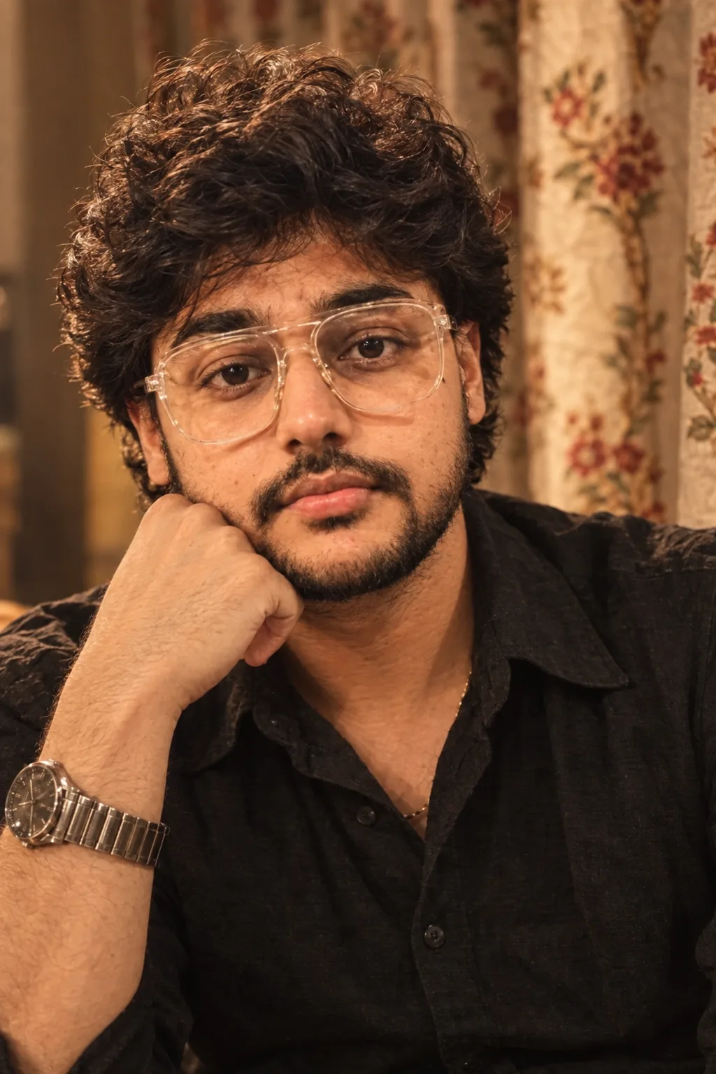 A young South Asian man with thick messy dark black hair