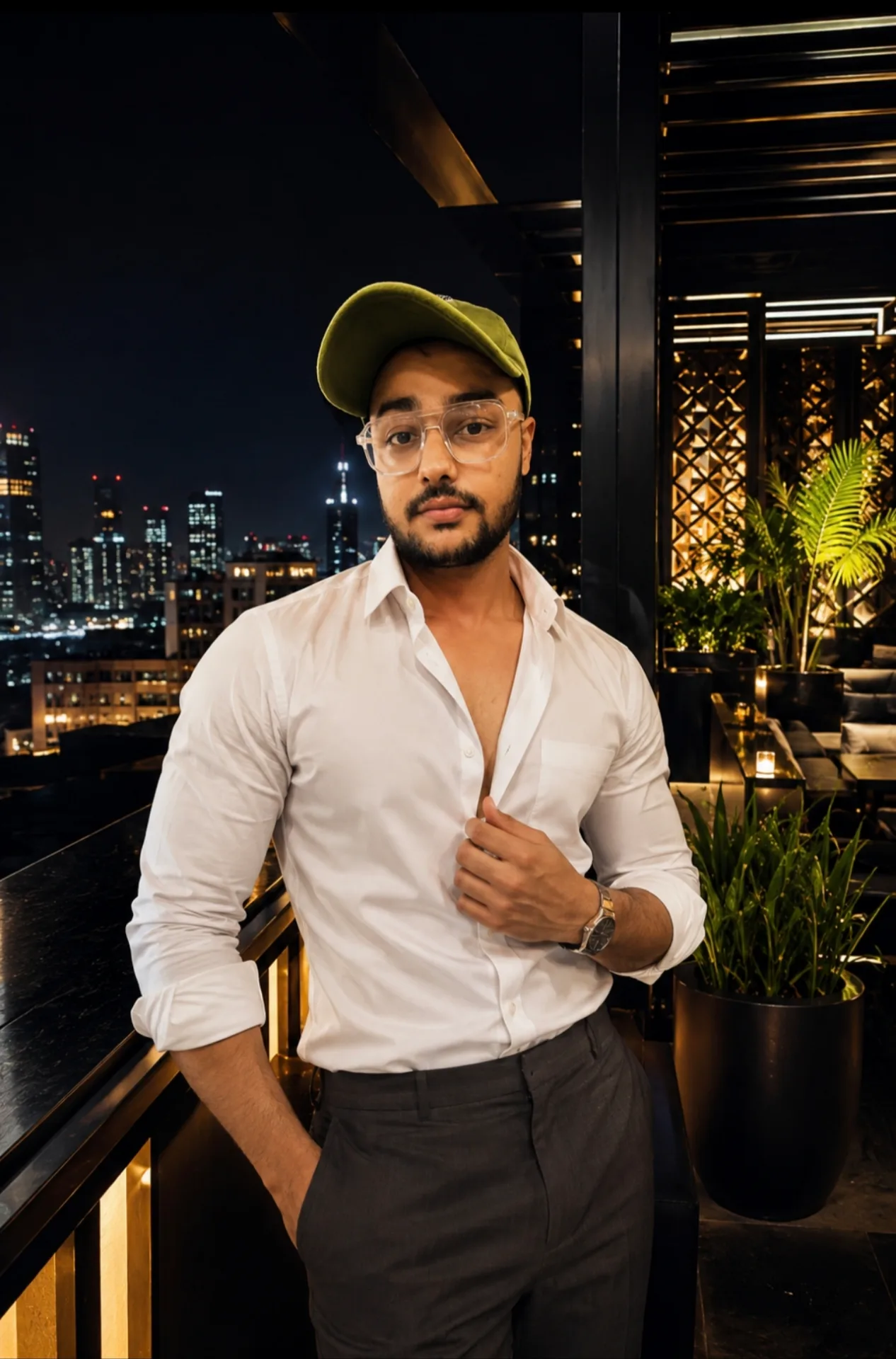Handsome young male standing confidently on an exclusive luxury rooftop