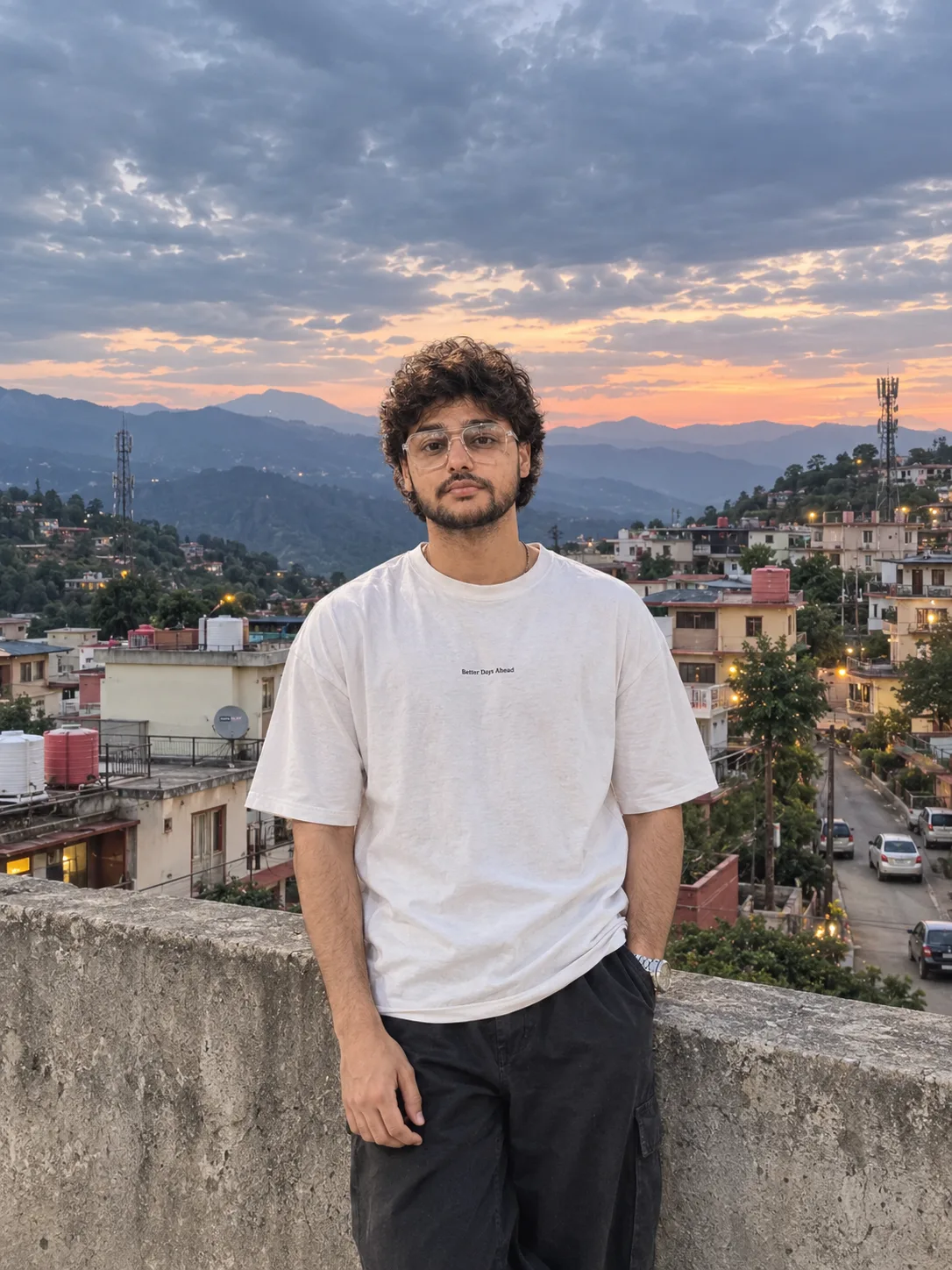 Sunset Rooftop Portrait Over Mountain Town.