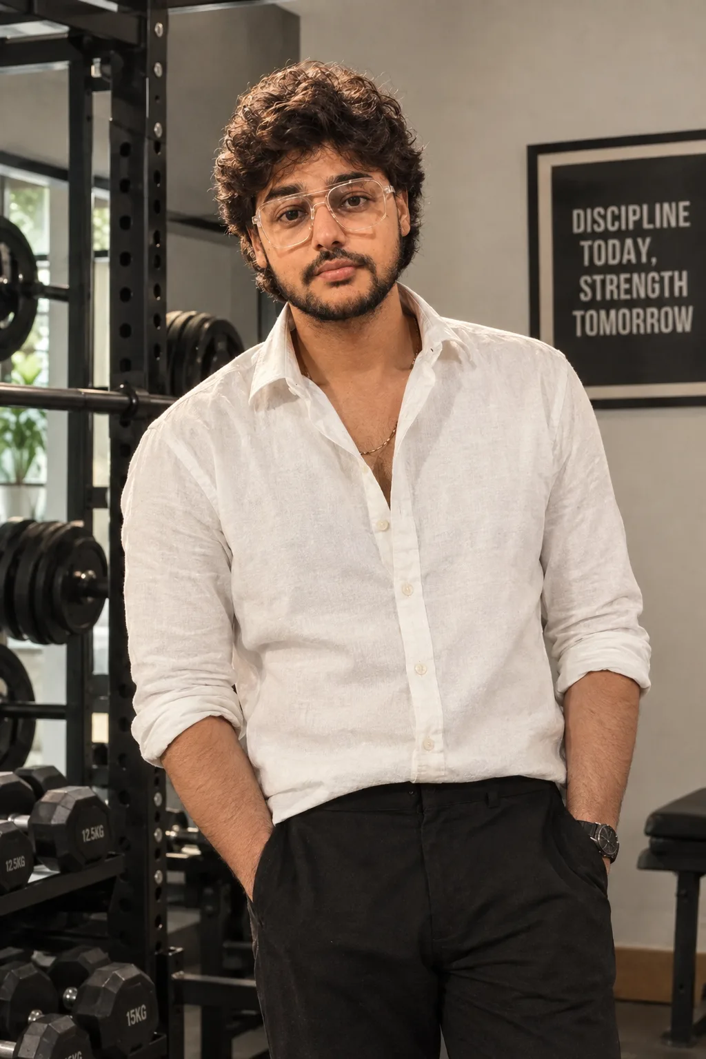 A young man wearing an open collared white shirt and black trousers in a home gym