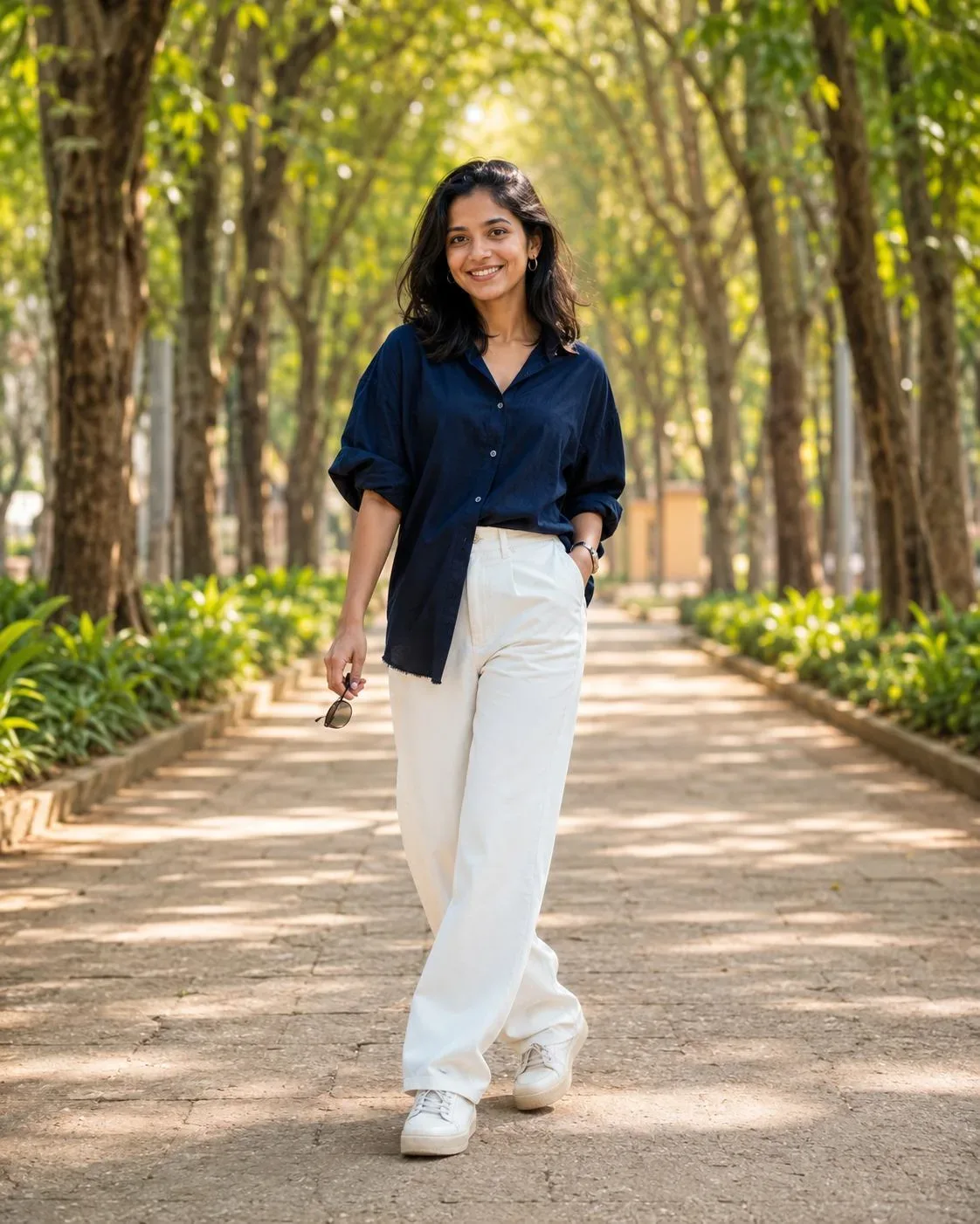 Candid Full-Length Outdoor Portrait of Smiling Indian Woman Walking on Tree-Lined Pathway