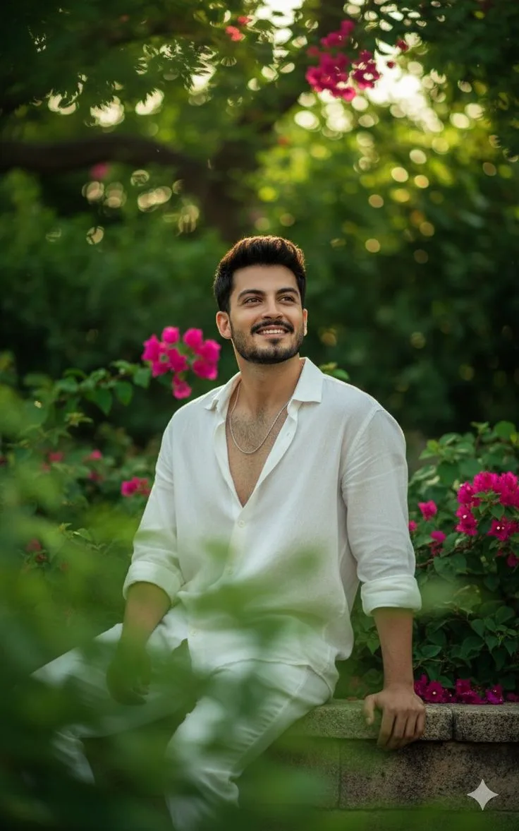 Candid Young Man in White Linen Shirt Seated Outdoors Surrounded by Bougainvillea
