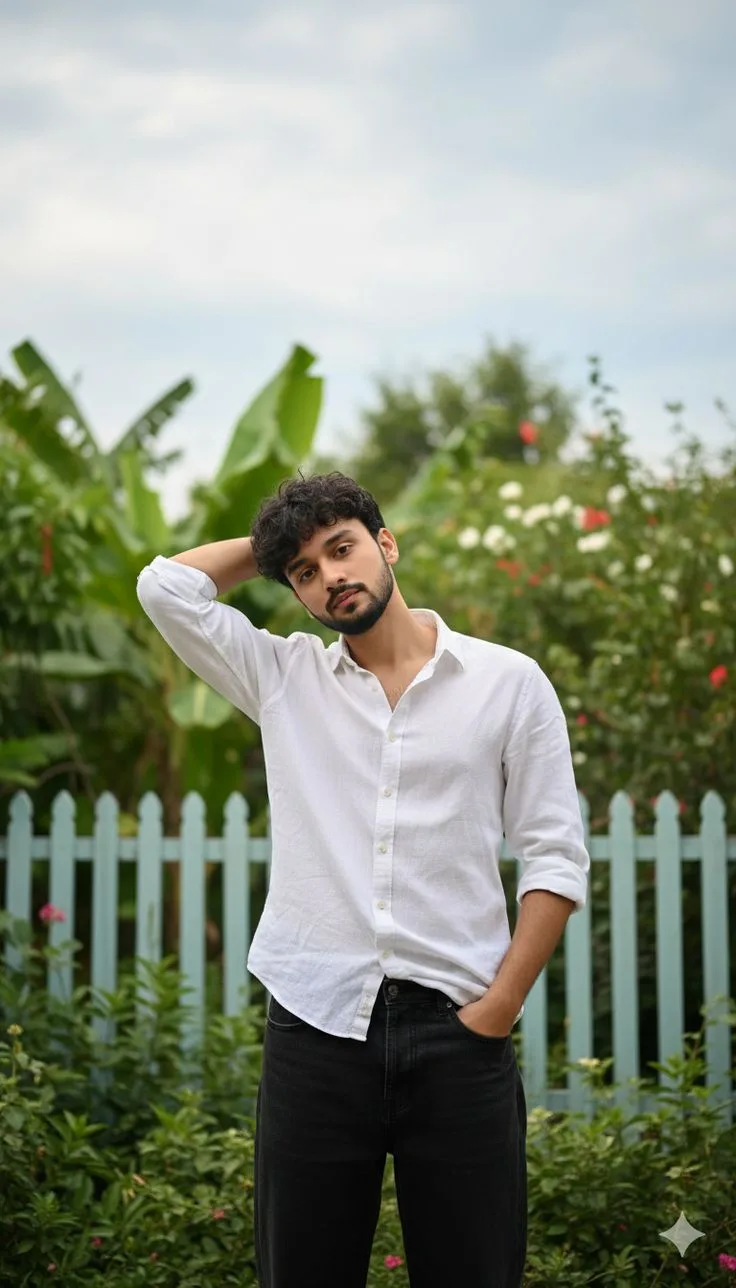 Candid Young Man in White Linen Shirt with Hand on Head in Garden